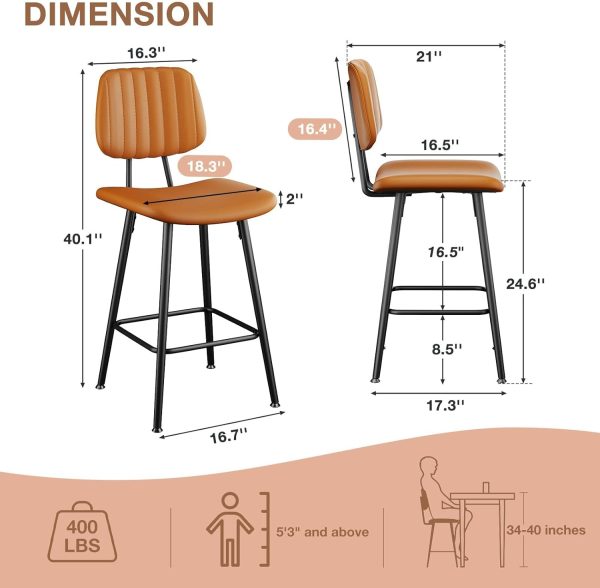 Bar Stools Set of 2, 24.6 Inch Counter Height Barstools, High Backrest Faux Leather Upholstered Counter Stools with Armless Footrest Modern Bar Chairs Tall Pub Stools for Kitchen Dining,Brown - Image 2
